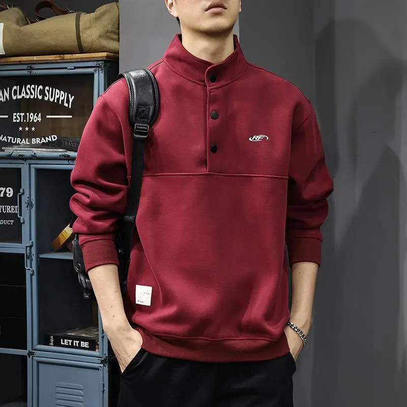 潮牌POLO卫衣男新款加厚宽松大码男装男款秋冬加绒长袖红色上衣