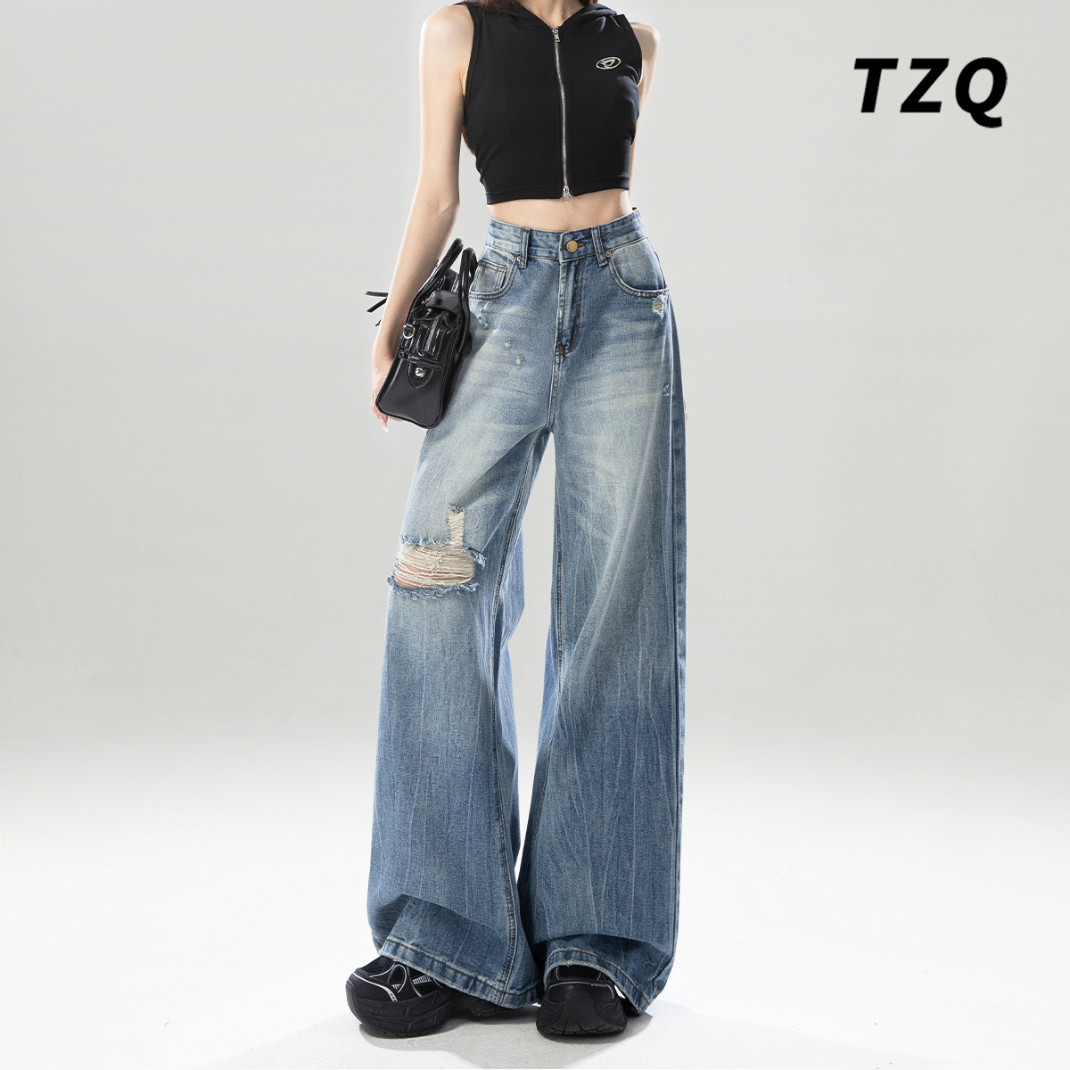 美式复古破洞阔腿牛仔裤女夏季2025年流行网红女裤新款宽松拖地裤