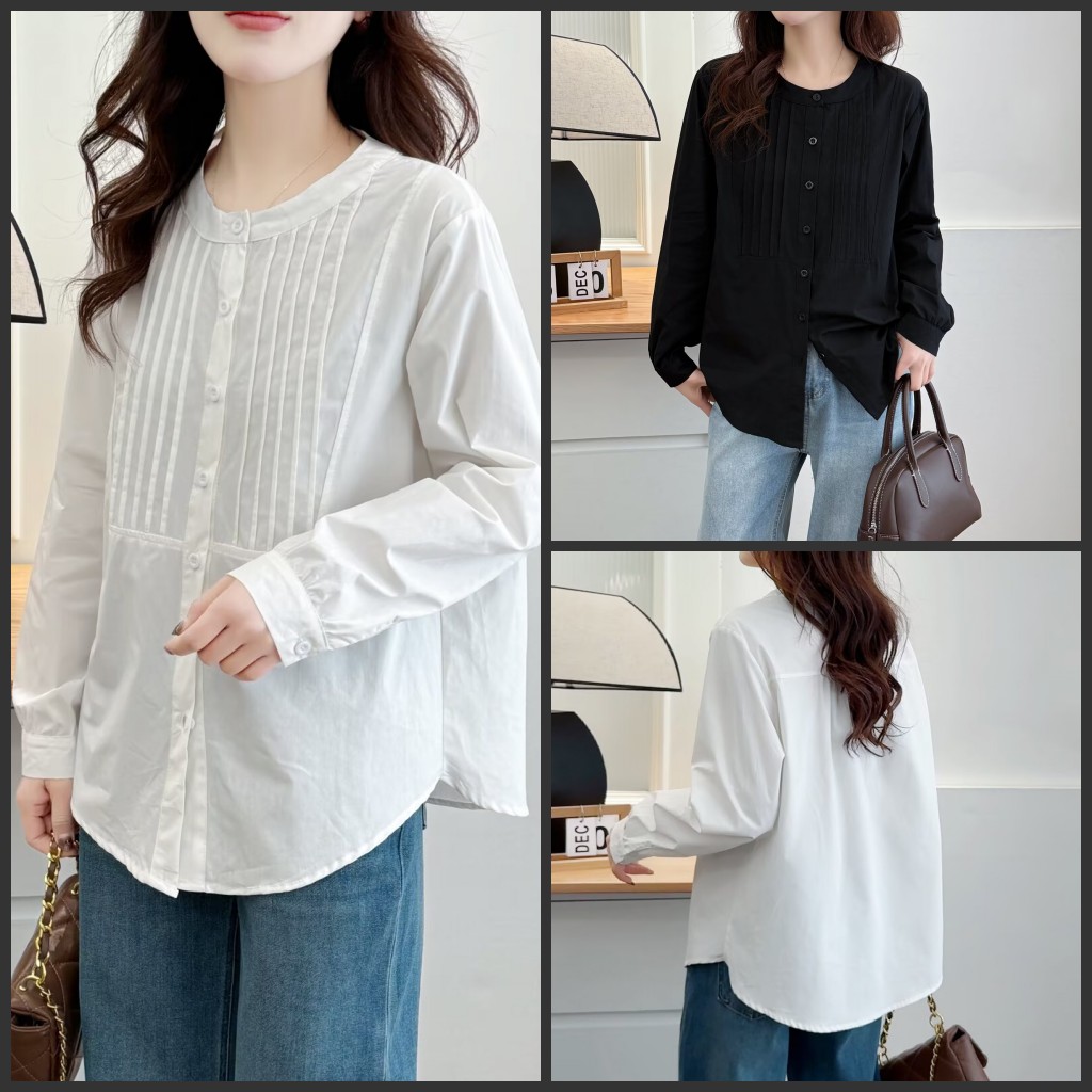大码胖mm休闲百搭显瘦压褶圆领衬衫女春季新款宽松气质减龄小衫