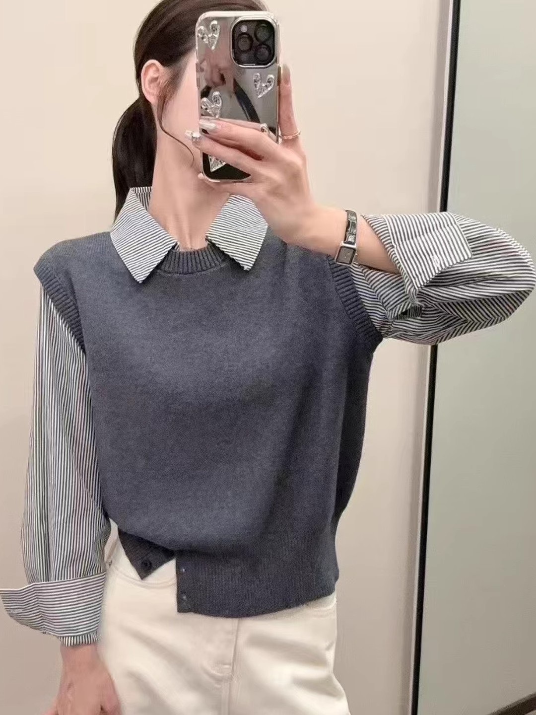 2025针织拼接假两件毛衣秋冬慵懒高级感针织衫上衣