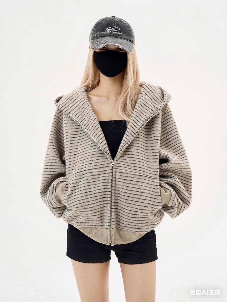 美式复古2025早秋新款条纹拉链开衫连帽卫衣男女情侣外套百搭上衣