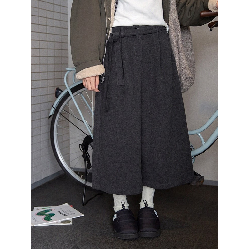 日系灰色毛呢八分阔腿裤女秋冬季小个子宽松百搭垂顺休闲直筒裤子