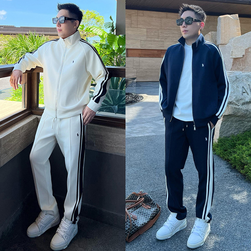韩版时尚撞色条纹休闲套装男春秋季百搭帅气立领外套束脚裤两件套