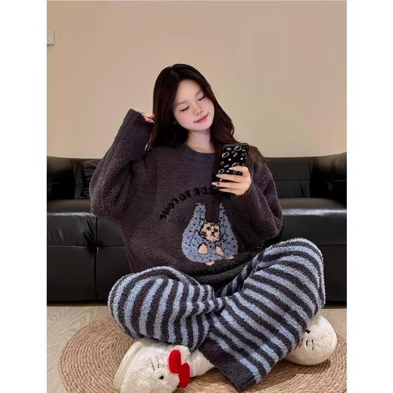 可爱猫咪半边绒睡衣女秋冬加绒加厚保暖柔软绵绵家居服套装可外穿