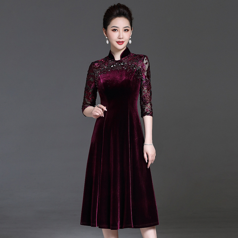 秋冬金丝绒连衣裙女士婚礼婚宴妈妈装时尚气质镶钻中老年女装旗袍