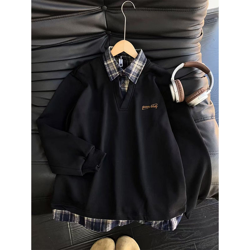 假两件衬衫领卫衣男秋冬季复古美式潮牌加绒加厚polo领上衣外套