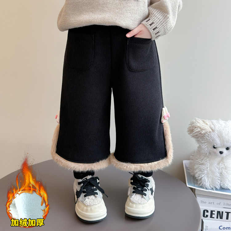 女童加绒裤子冬季2025新款儿童冬装直筒裤女宝宝加厚假两件休闲裤