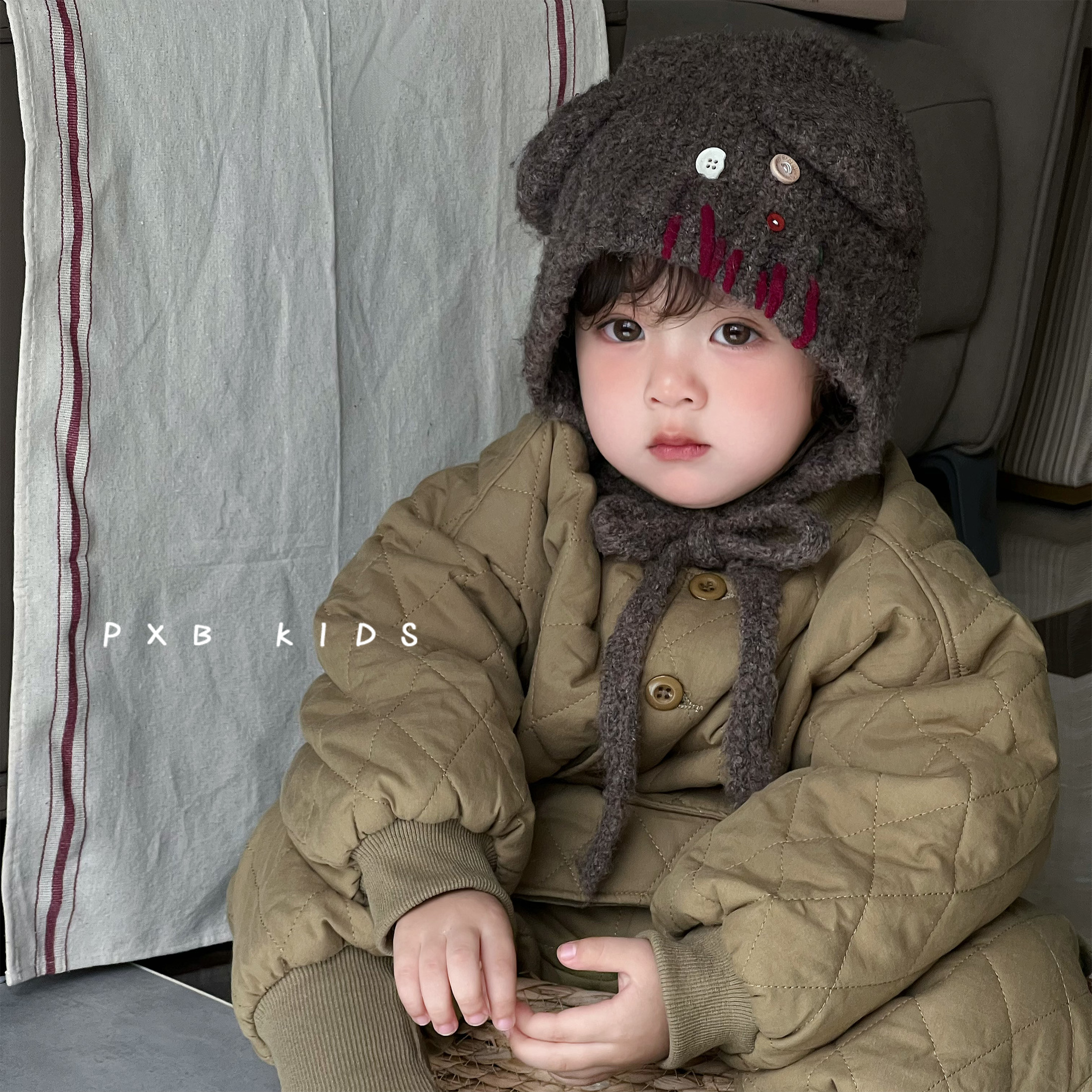 可爱纽扣小熊耳朵包头帽秋冬保暖儿童系带护耳帽亲子款针织毛线帽