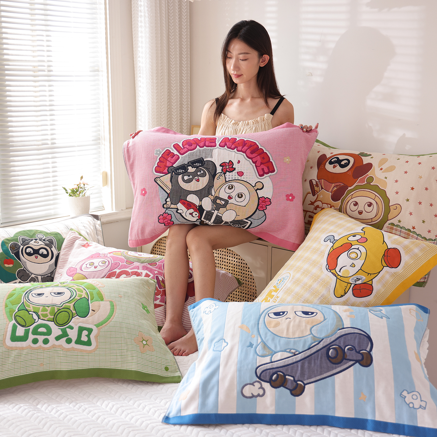 蛋仔派对纯棉提花枕巾亲肤柔软舒适全棉家用卡通可爱透气吸汗盖巾