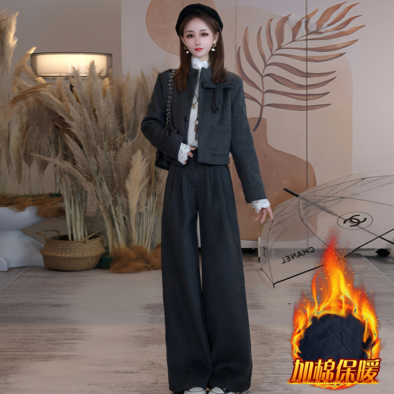 加厚法式时尚高级感套装女2025年秋冬新款蝴蝶结外套阔腿裤两件套