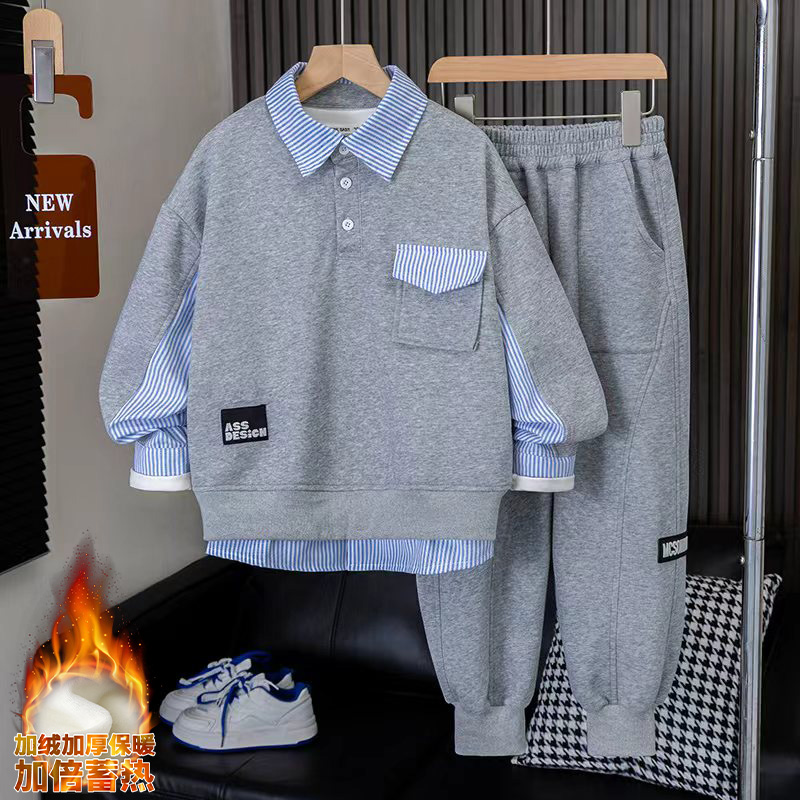 男童套装秋冬款2025新款冬装加绒加厚卫衣运动冬季大儿童酷帅气潮