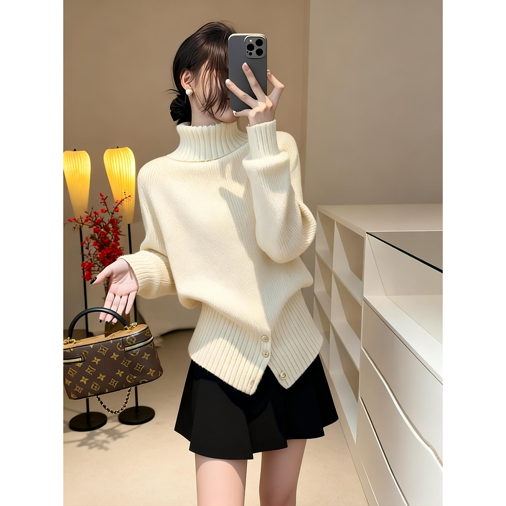 韩系秋冬慵懒风高领白色毛衣女2025新款内搭轻熟洋气百搭针织衫女