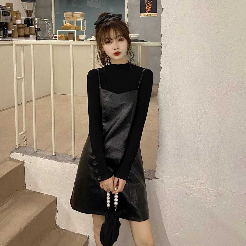 2024年秋季皮连衣裙套装韩版新款吊带皮裙15秋秋长筒靴冬季套装