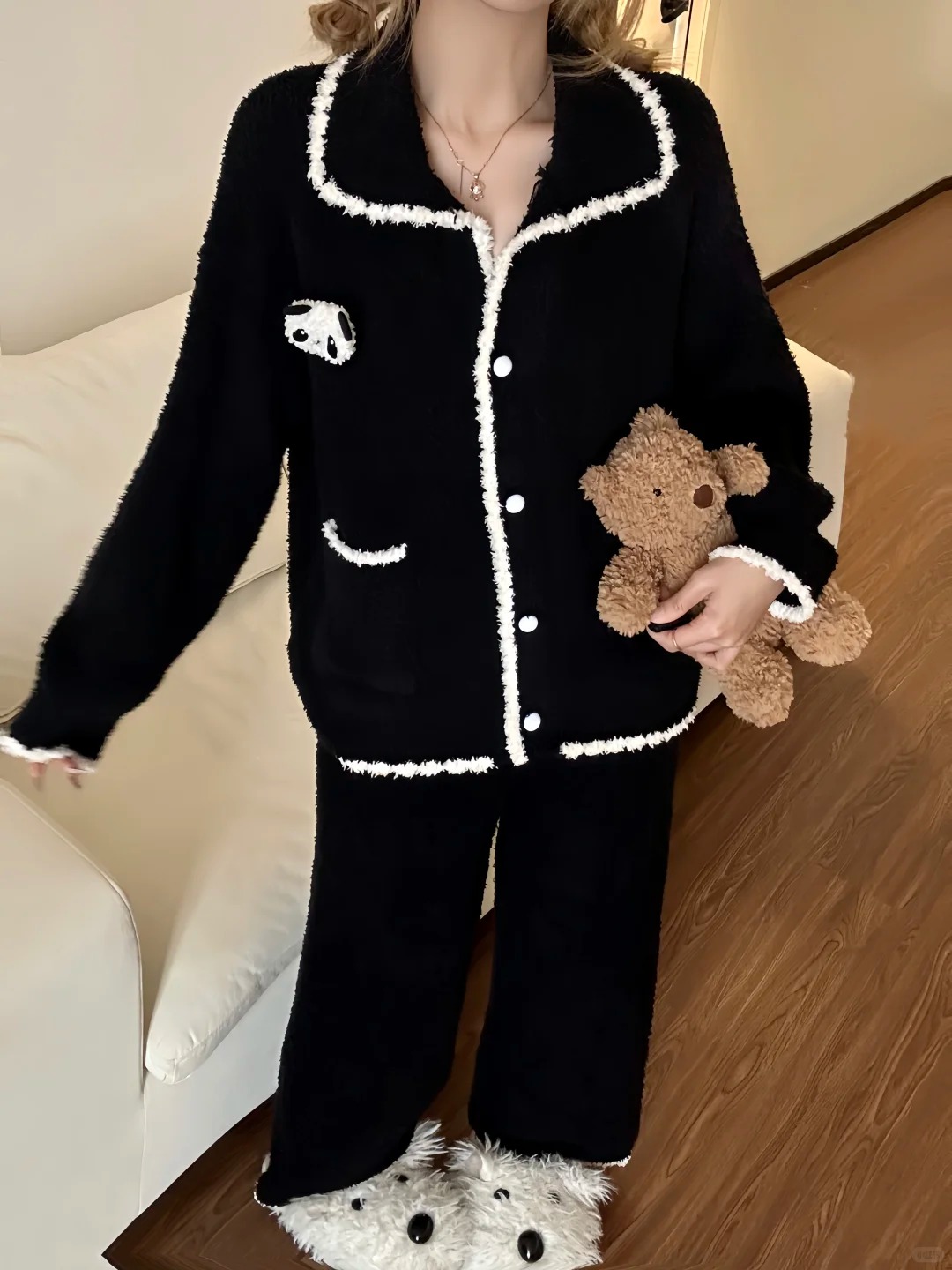 【软绵熊猫】网红同款睡衣冬季女款大码加厚套装黑色半边绒家居服