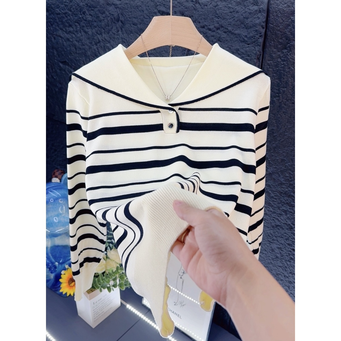【80-160斤】海军领翻领条纹套头针织衫2025秋季打底长袖上衣女F-22