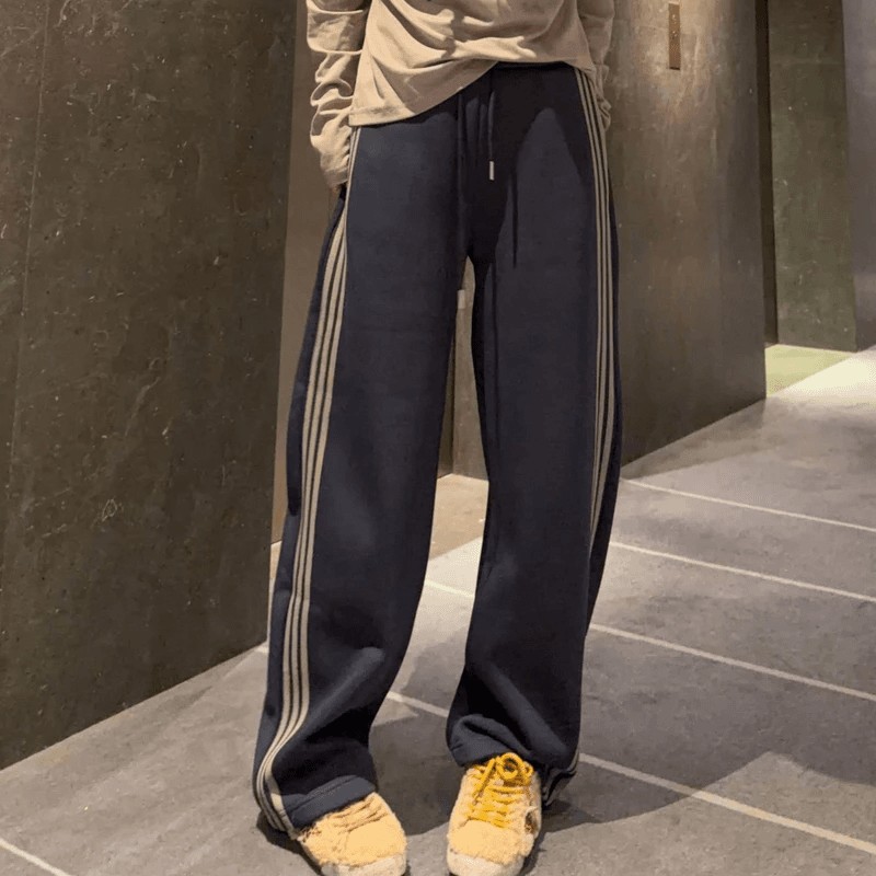 松弛感条纹加绒阔腿裤女秋冬新款抽绳松紧腰宽松休闲加厚直筒长裤