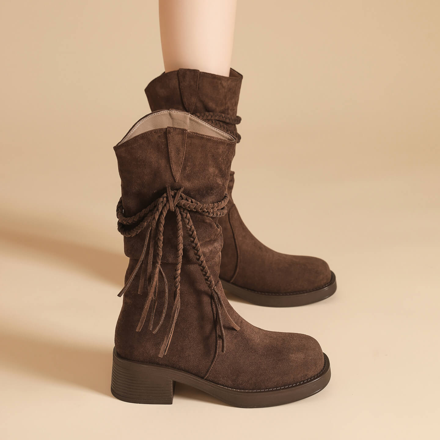 复古厚底增高5CM显瘦短靴女2025秋季新款时尚百搭休闲流苏堆堆靴