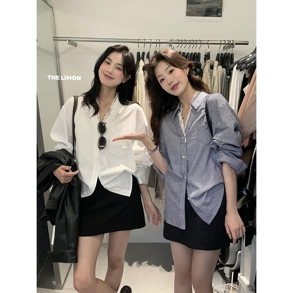 衬衫早秋新款设计感休闲上衣V领中长款拼接休闲风衬衫蕾丝长袖