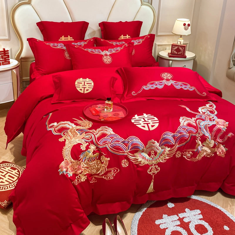 水星家纺适用高档中式龙凤刺绣全棉婚庆四件套红色纯棉床笠四件套