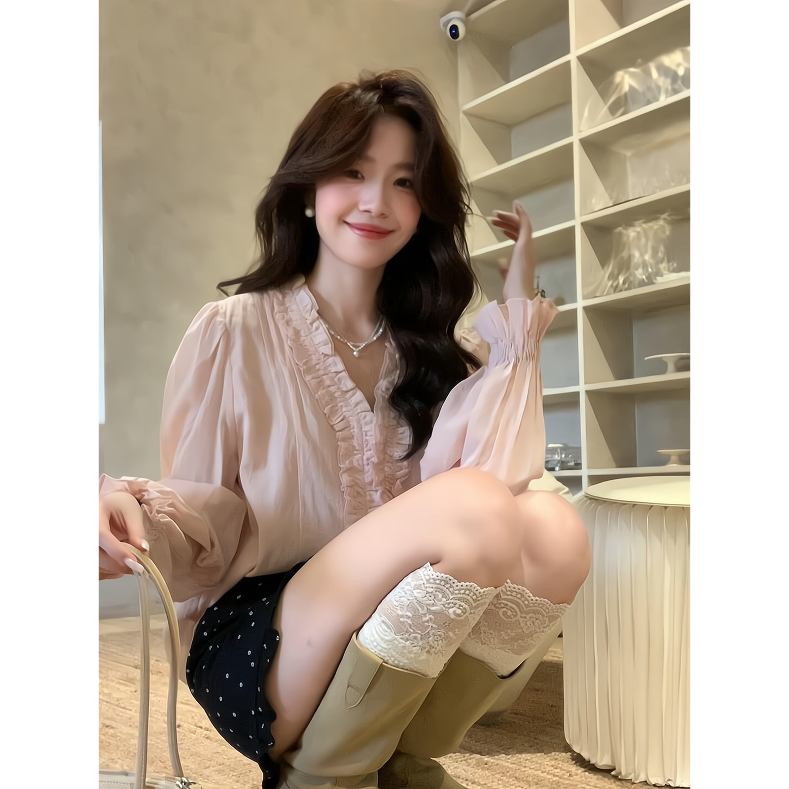 法式甜美木耳边v领长袖衬衫上衣波点木耳边半身裙A字裙包臀裙短裙