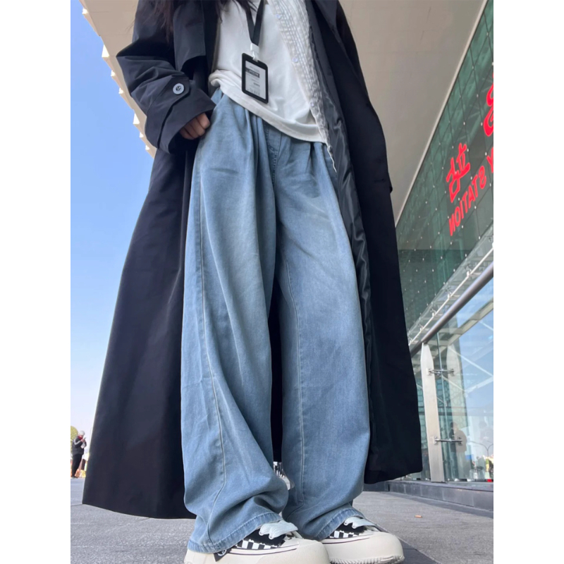 韩系慵懒风简约高腰直筒牛仔裤早秋大码梨型身材遮胯显瘦百搭长裤