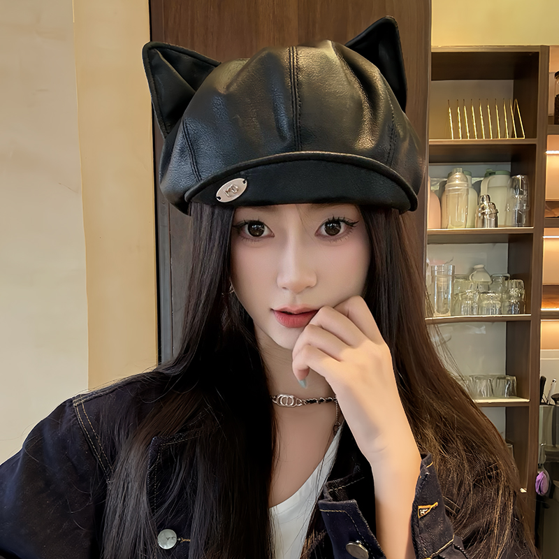2025新款日系可爱猫耳朵贝雷帽女秋冬甜美百搭显脸小皮质画家帽潮