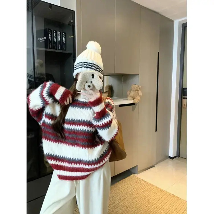 2025秋冬季新款条纹韩系慵懒风时尚设计感条纹毛衣百搭长袖上衣