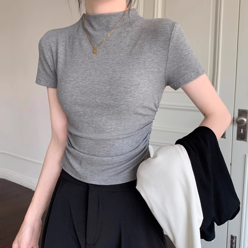 半高领正肩短袖T恤女士夏季褶皱收腰显瘦小个子短款内搭体恤上衣