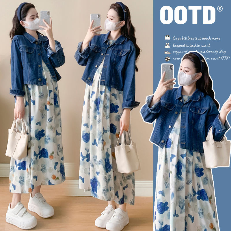 时髦孕妇装新款春装新款泼墨淑女风连衣裙碎花显瘦气质款牛仔外套