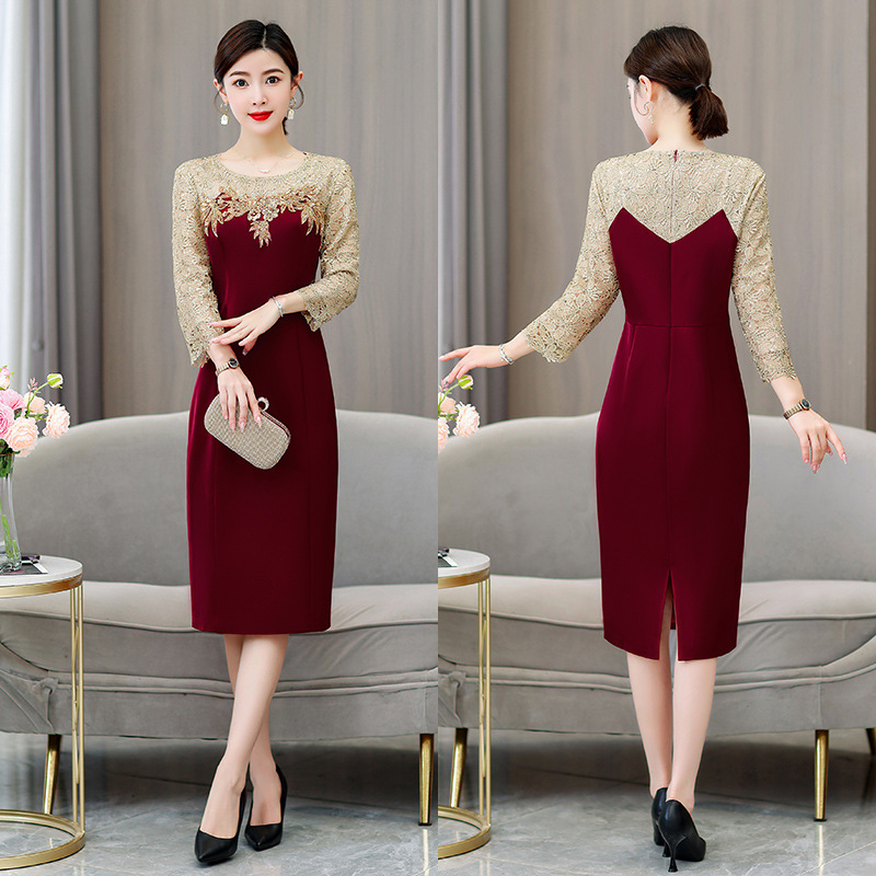 婚宴结婚秋季宴会显瘦气质长袖红色连衣裙喜妈妈礼服秋季新款重工