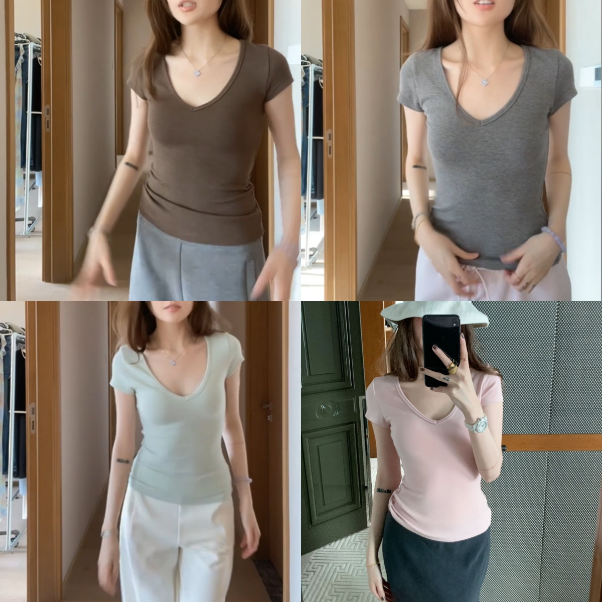 KEKE大V领短袖正肩T恤女夏2025新款收腰显瘦修身百搭U领纯欲上衣