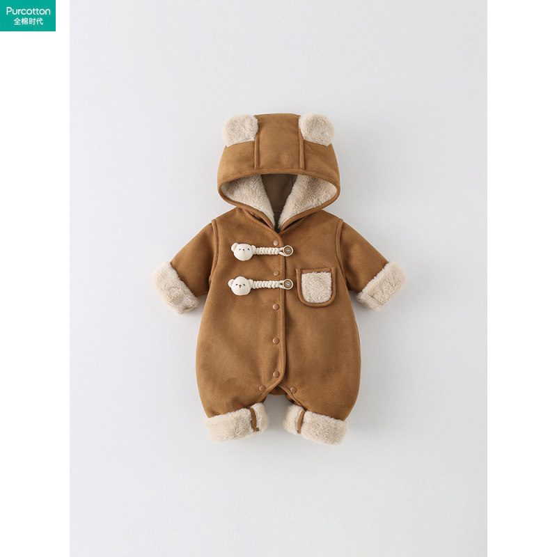 全棉时代初生婴儿衣服冬季加绒棉衣宝宝加厚夹棉连体衣可爱超萌外