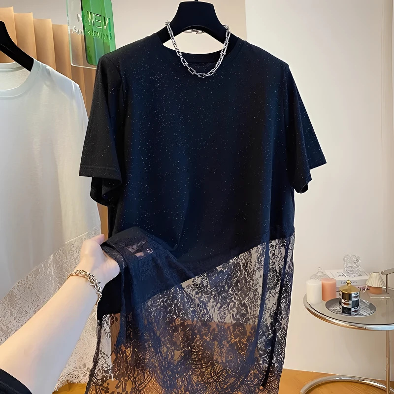 夏季小众设计感网纱黑色拼接短袖女中长款T恤时尚宽松外穿上衣