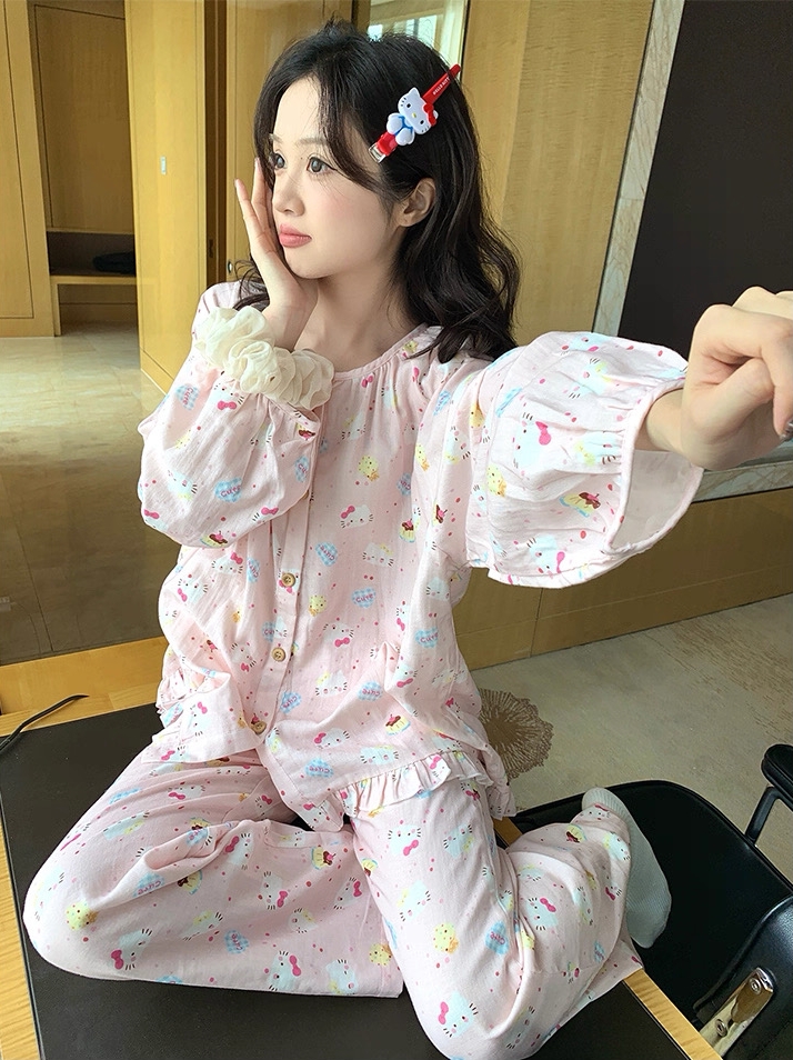 甜美可爱卡通猫咪印花睡衣女秋季圆领开衫宽松卷边长袖家居服套装