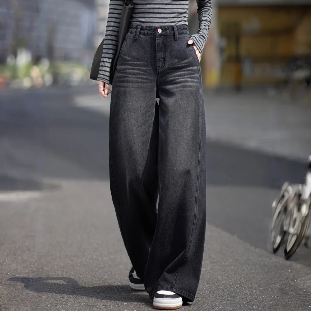 复古港风直筒牛仔裤秋冬新款高腰无弹宽松休闲显瘦时尚百搭阔腿裤