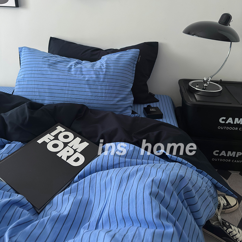 ins复古简约神秘蓝条纹色织水洗棉四件套全棉纯棉被套2.0床单套件