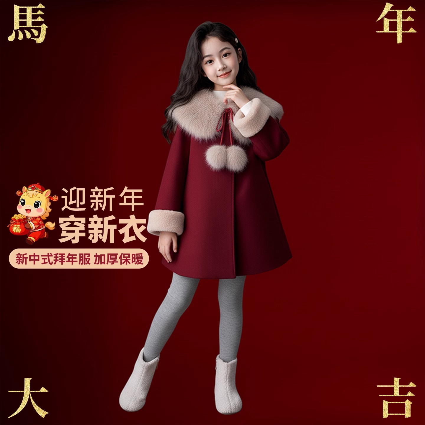 女童毛呢洋气外套冬2025新款女孩本命年中长款大衣儿童红色拜年服