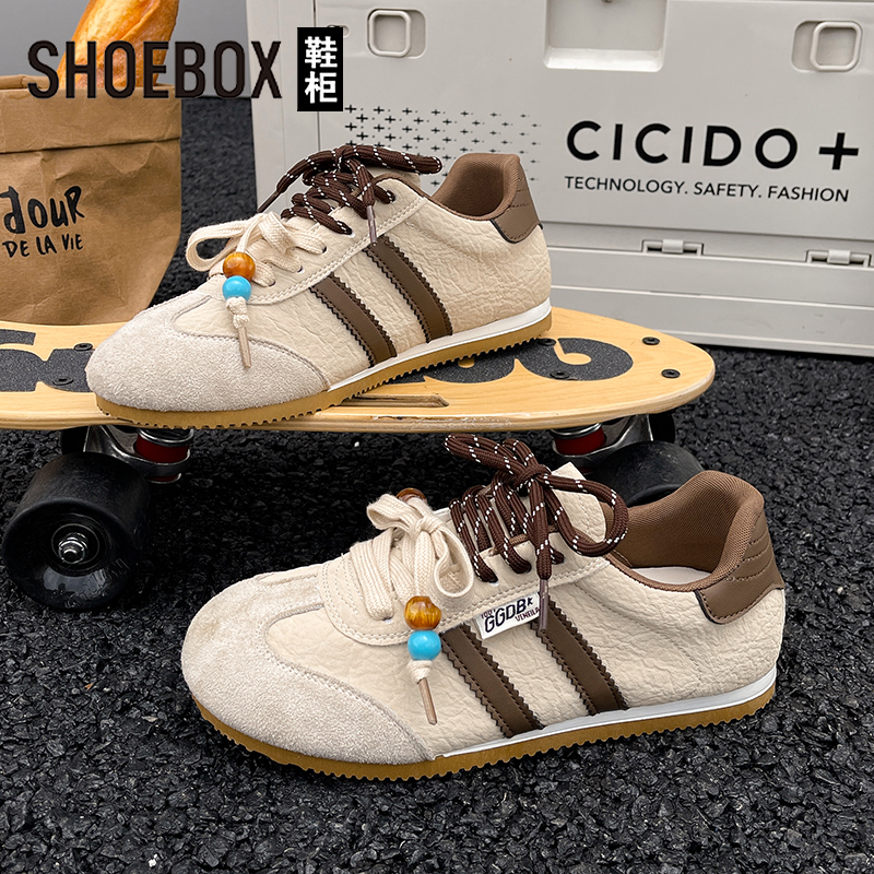 SHOEBOX鞋柜平底轻巧休闲鞋女2025新款双色鞋带串珠秀气德训鞋
