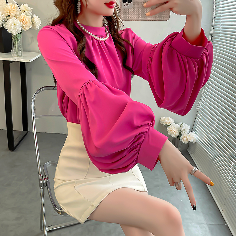 秋装高端小资小上衣名媛纯色立领衬衫女宽松洋气灯笼袖雪纺衫衬衣