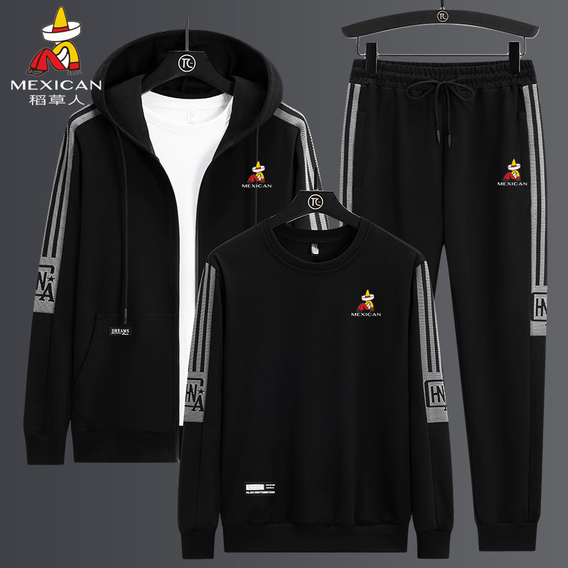 稻草人男士卫衣套装春秋薄款运动服大码男装冬季加绒休闲三件套