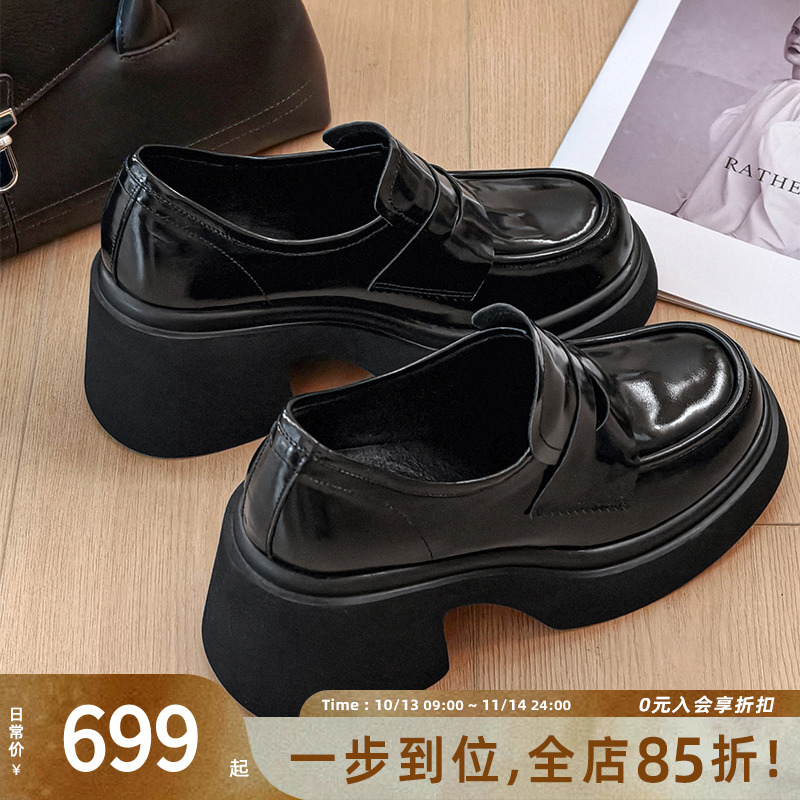 美洋MEIYANG 拉腿单鞋 小个子救星！牛皮革圆头厚底英伦风乐福鞋