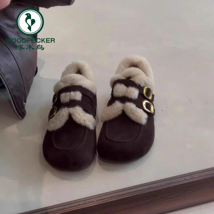 啄木鸟毛毛勃肯鞋女加绒保暖棉鞋女2025新款冬季复古乐福鞋豆豆鞋