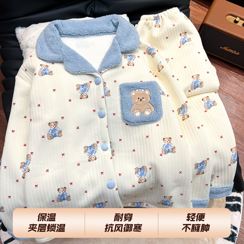 新款睡衣女甜美款秋冬保暖空气棉夹层加厚女士春秋长袖家居服套装