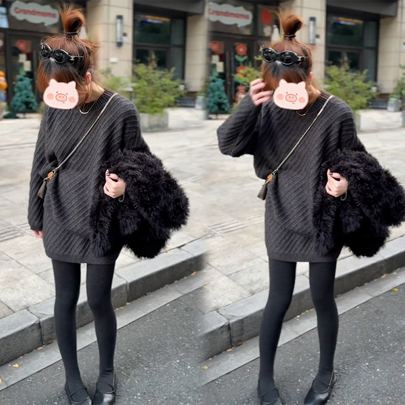 早秋洋气减龄搭配一整套女韩系气质慵懒风深灰色针织衫裙子两件套