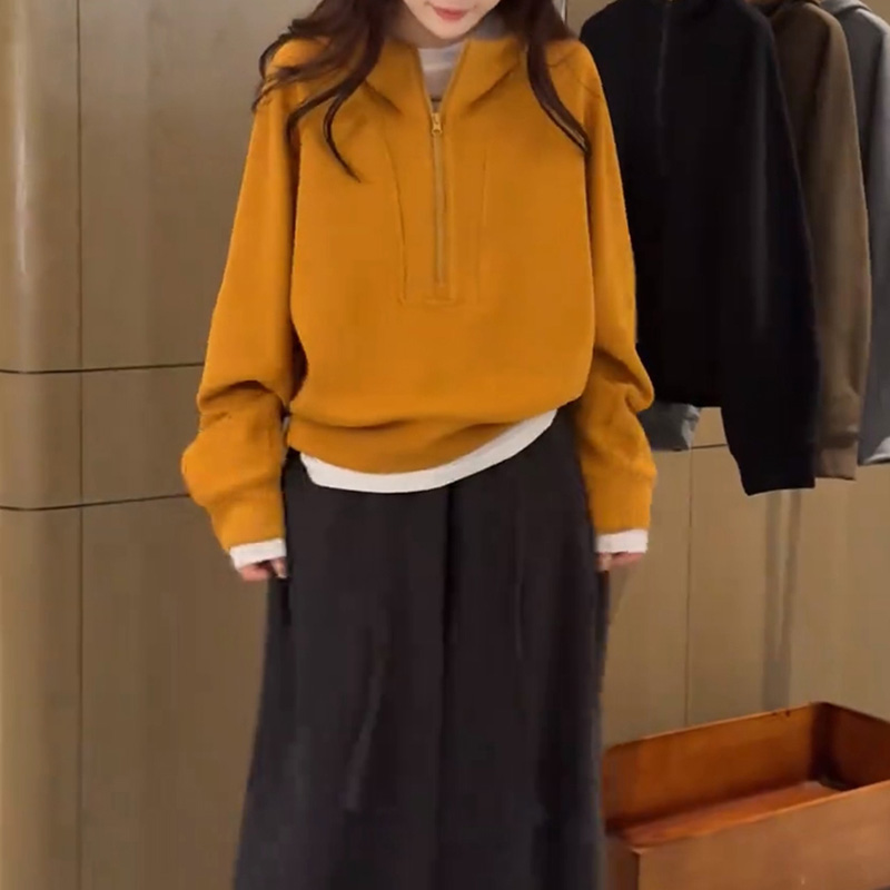 2025秋季高级感半拉链纯色连帽卫衣女韩版慵懒风宽松休闲百搭上衣