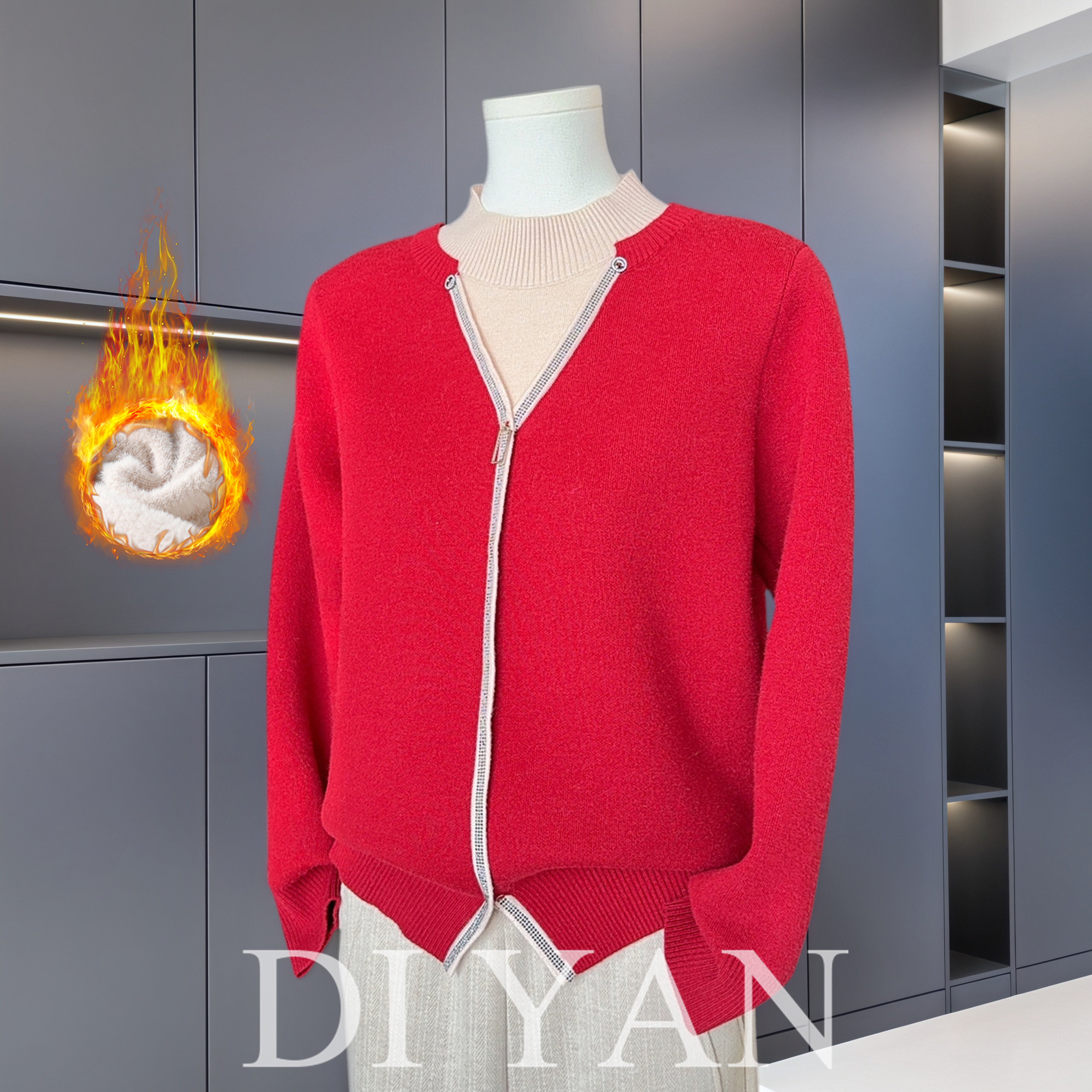 时尚洋气妈妈冬装加绒加厚半高领毛衣假两件打底衫中老年人女上衣