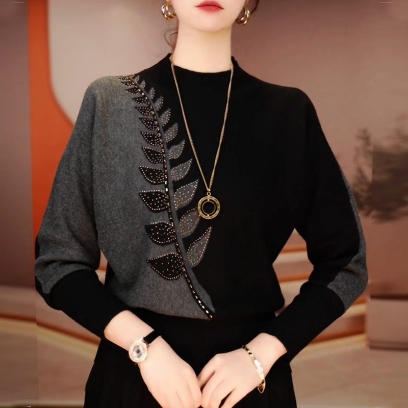 高端洋气烫钻拼色长袖针织衫女2025冬季新款宽松显瘦气质百搭毛衣