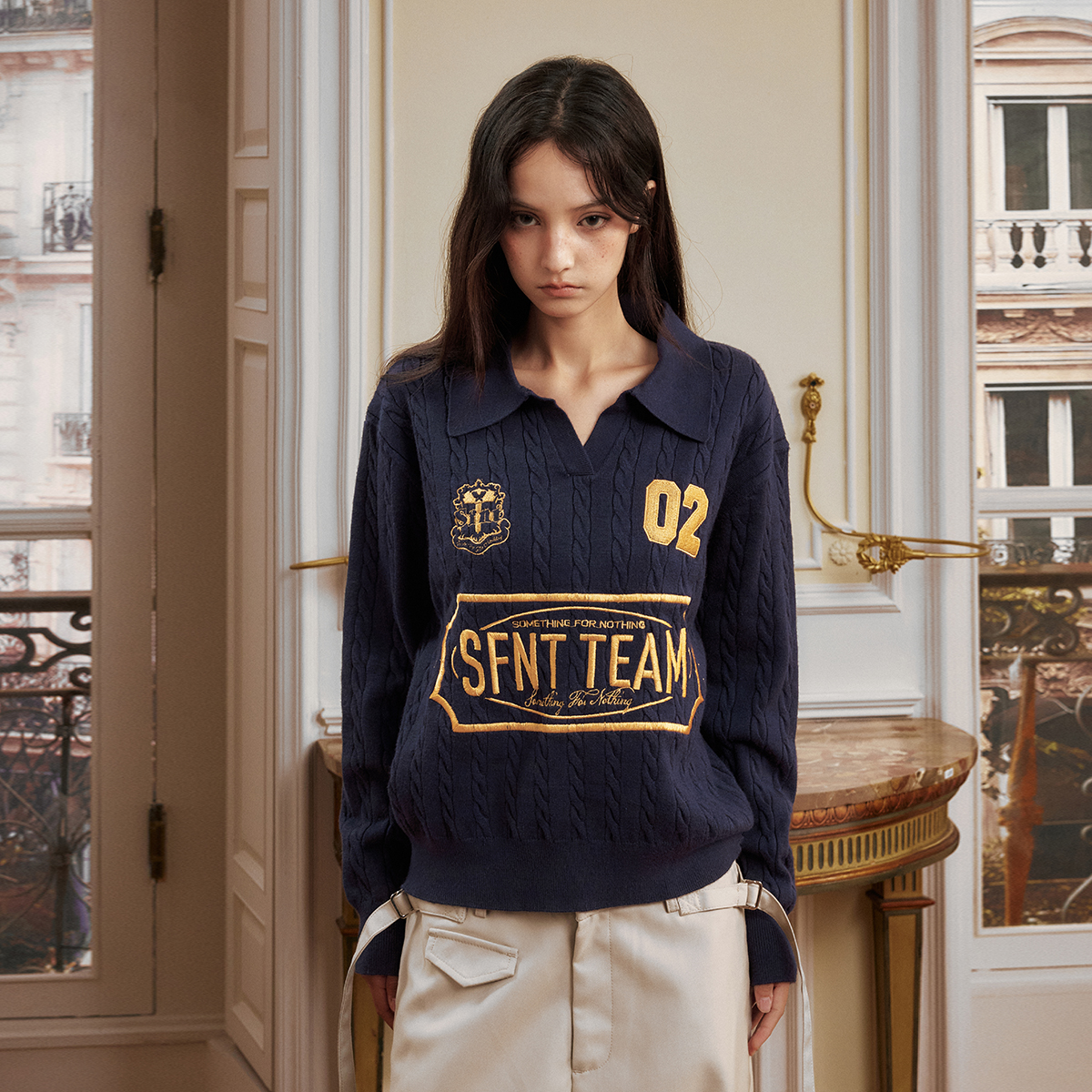 SFNT复古学院风V领绞花套头毛衣针织套头衫秋英伦风必备长袖针织