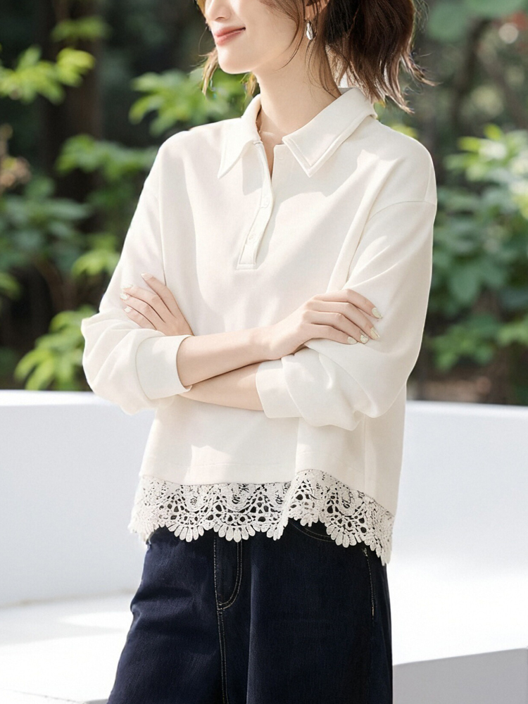 polo衫女款长袖蕾丝拼接翻领上衣女独特内搭小衫法式慵懒套头卫衣