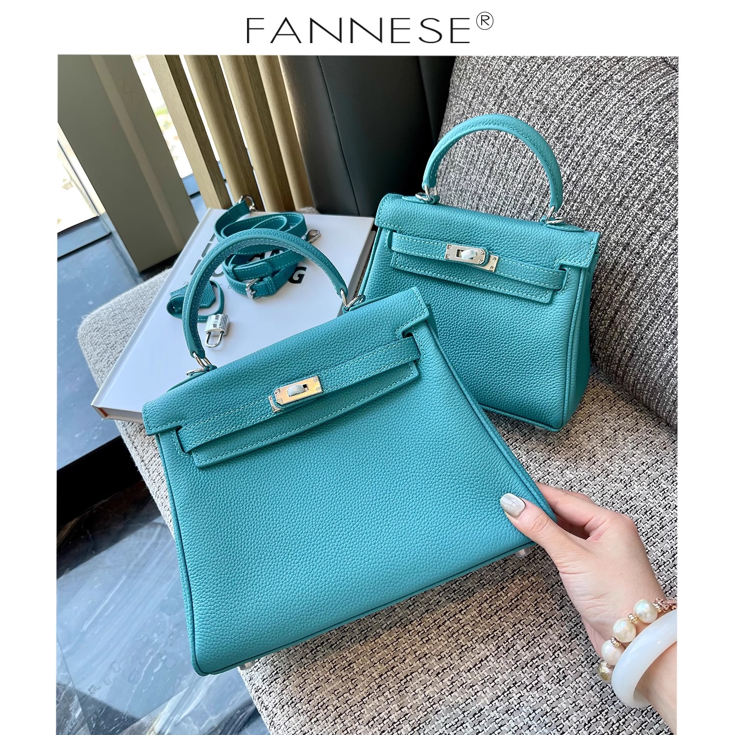 2025新款凯莉包真皮头层牛皮女包软皮潮流时尚手提包单肩斜挎蓝色